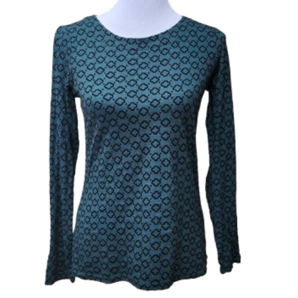 Talbots Long Sleeve Green Top Black Velvet Geo-Print 100% Cotton IN5327